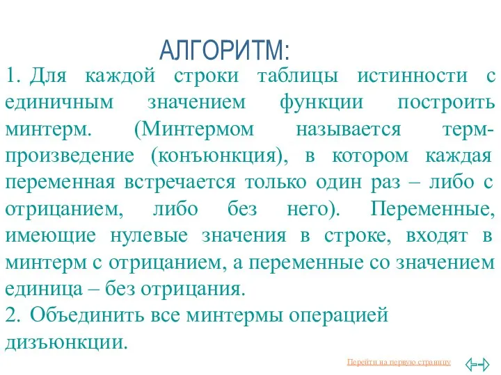 АЛГОРИТМ: 1. Для каждой строки таблицы истинности с единичным значением функции