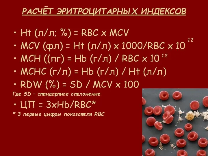 РАСЧЁТ ЭРИТРОЦИТАРНЫХ ИНДЕКСОВ Ht (л/л; %) = RBC x MCV MCV