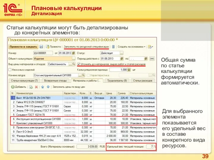 Плановые калькуляции Детализация Статьи калькуляции могут быть детализированы до конкретных элементов: