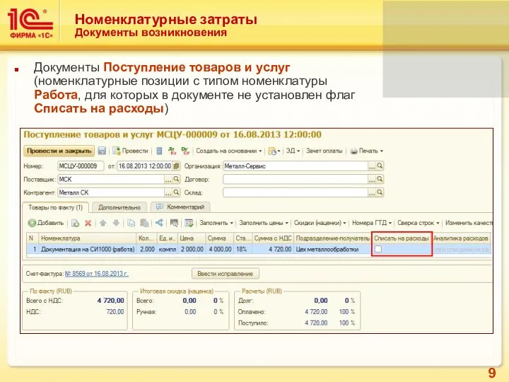 Номенклатурные затраты Документы возникновения Документы Поступление товаров и услуг (номенклатурные позиции