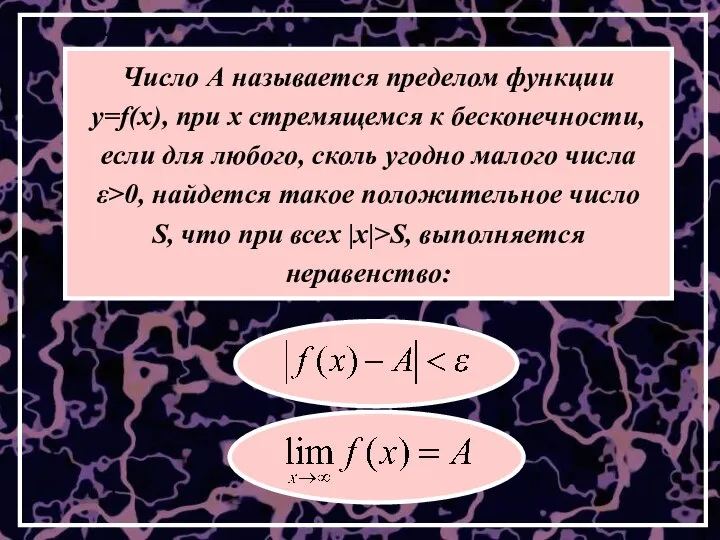 Число А называется пределом функции у=f(x), при х стремящемся к бесконечности,