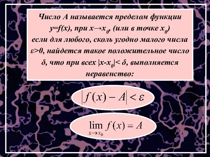 Число А называется пределом функции у=f(x), при х→x0, (или в точке