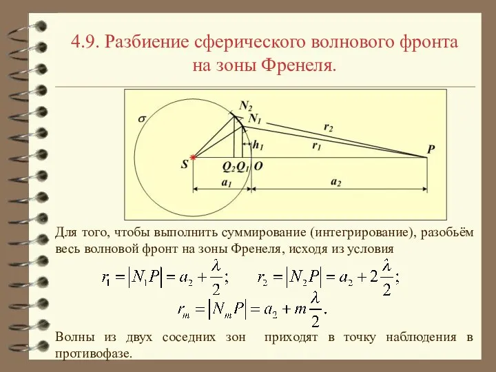 4.9. Разбиение сферического волнового фронта на зоны Френеля. Для того, чтобы