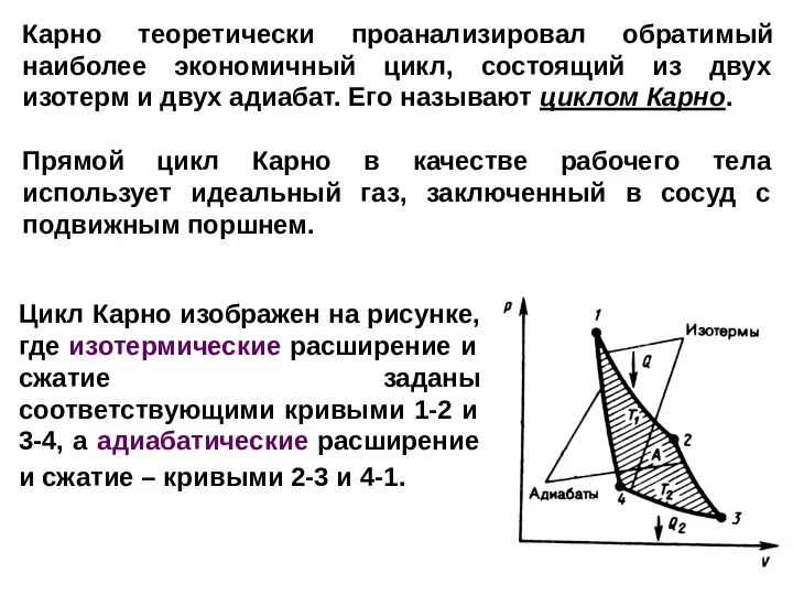 Цикл Карно изображен на рисунке, где изотермические расширение и сжатие заданы