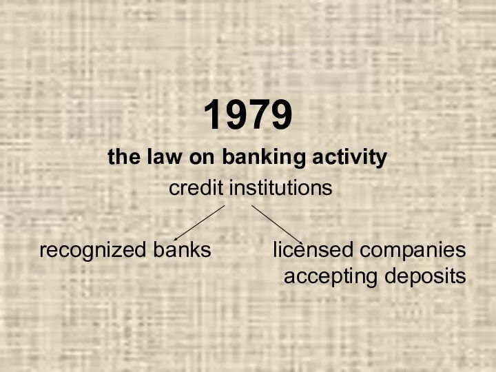 1979 the law on banking activity credit institutions recognized banks licensed companies accepting deposits