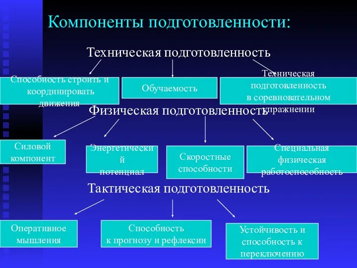 Компоненты подготовленности: Техническая подготовленность Физическая подготовленность Тактическая подготовленность Способность строить и