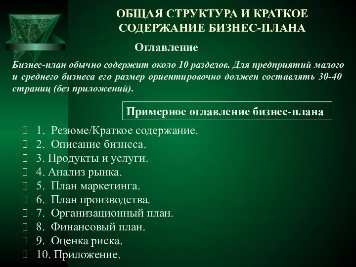 1. Резюме/Краткое содержание. 2. Описание бизнеса. 3. Продукты и услуги. 4.