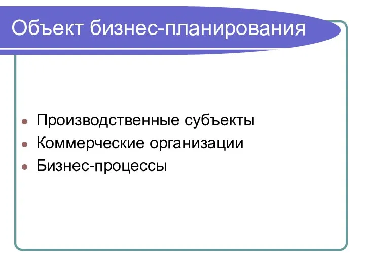 Объект бизнес-планирования Производственные субъекты Коммерческие организации Бизнес-процессы