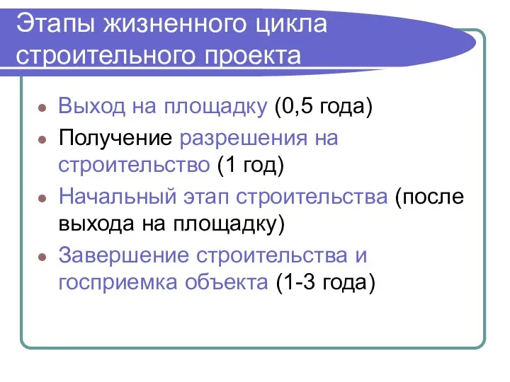 Этапы жизненного цикла строительного проекта Выход на площадку (0,5 года) Получение