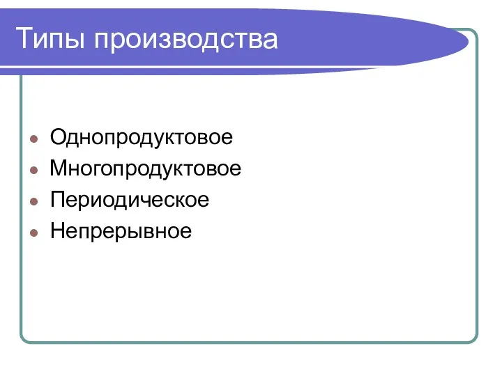 Типы производства Однопродуктовое Многопродуктовое Периодическое Непрерывное