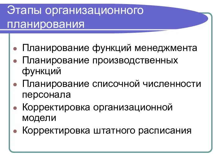 Этапы организационного планирования Планирование функций менеджмента Планирование производственных функций Планирование списочной