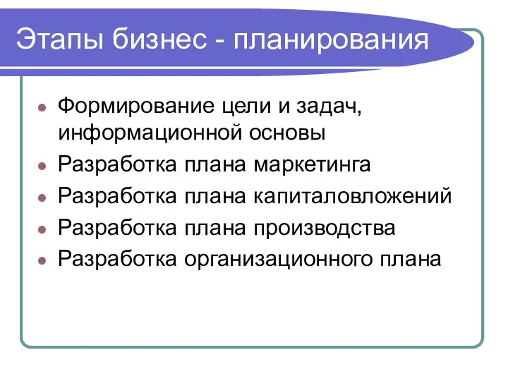 Этапы бизнес - планирования Формирование цели и задач, информационной основы Разработка