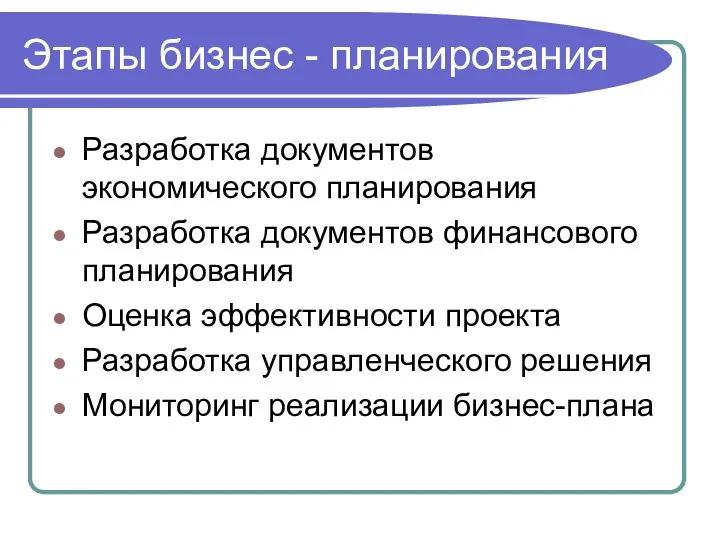 Этапы бизнес - планирования Разработка документов экономического планирования Разработка документов финансового