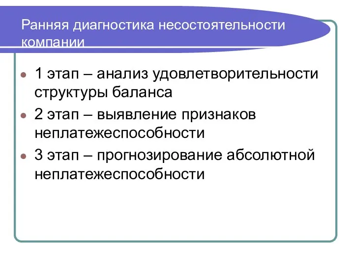 Ранняя диагностика несостоятельности компании 1 этап – анализ удовлетворительности структуры баланса