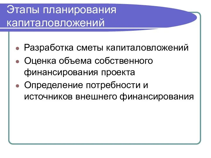 Этапы планирования капиталовложений Разработка сметы капиталовложений Оценка объема собственного финансирования проекта