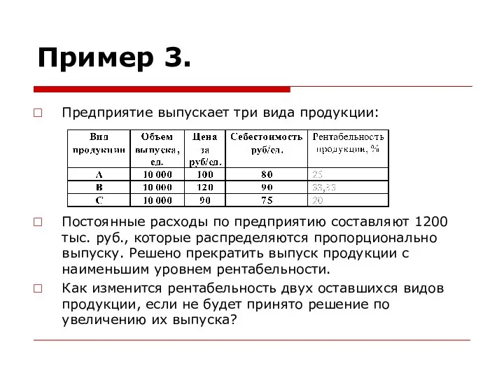 Пример 3. Предприятие выпускает три вида продукции: Постоянные расходы по предприятию