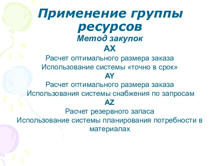 Метод закупок AX Расчет оптимального размера заказа Использование системы «точно в