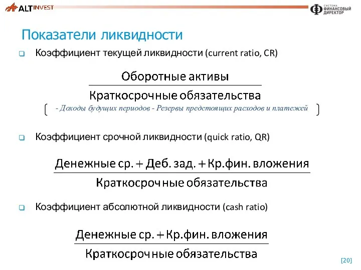 Показатели ликвидности Коэффициент текущей ликвидности (current ratio, CR) Коэффициент срочной ликвидности