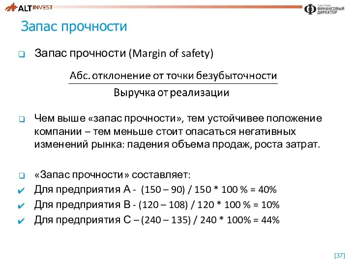 Запас прочности Запас прочности (Margin of safety) Чем выше «запас прочности»,