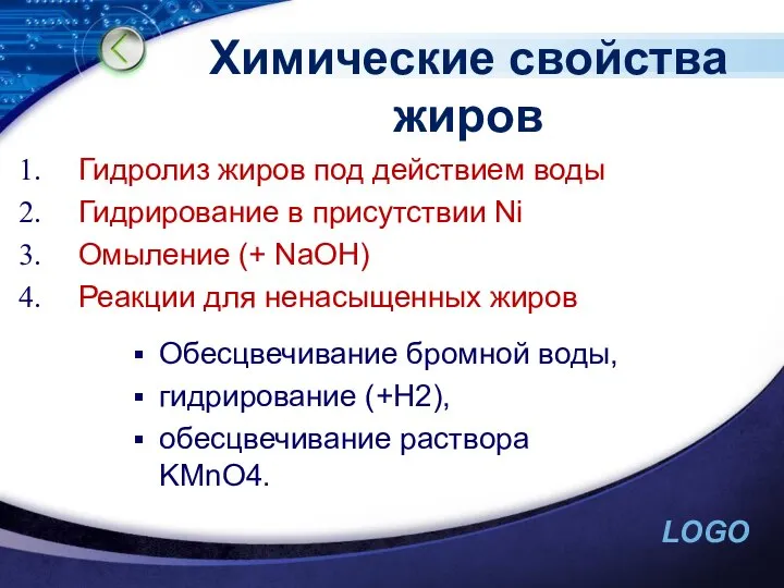 Химические свойства жиров Гидролиз жиров под действием воды Гидрирование в присутствии