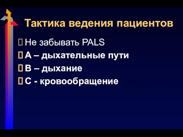 Тактика ведения пациентов Не забывать PALS A – дыхательные пути B – дыхание C - кровообращение