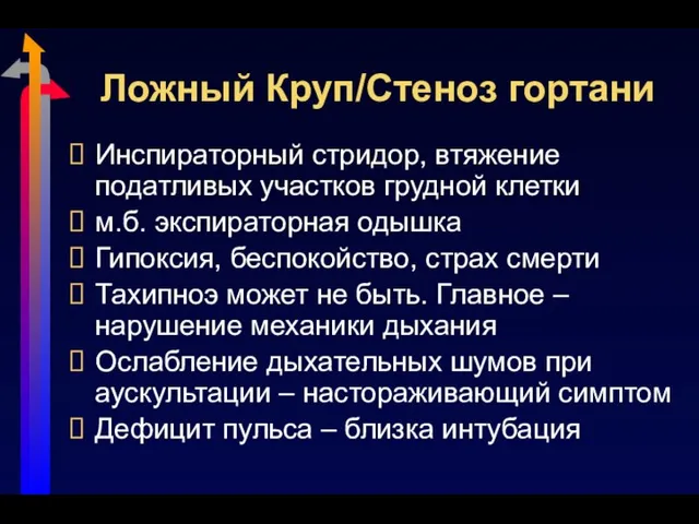 Ложный Круп/Стеноз гортани Инспираторный стридор, втяжение податливых участков грудной клетки м.б.