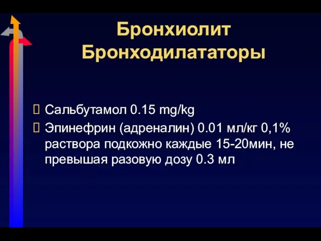 Бронхиолит Бронходилататоры Сальбутамол 0.15 mg/kg Эпинефрин (адреналин) 0.01 мл/кг 0,1% раствора