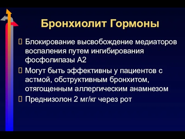 Бронхиолит Гормоны Блокирование высвобождение медиаторов воспаления путем ингибирования фосфолипазы А2 Могут