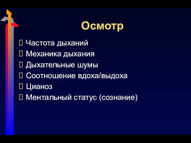 Осмотр Частота дыханий Механика дыхания Дыхательные шумы Соотношение вдоха/выдоха Цианоз Ментальный статус (сознание)