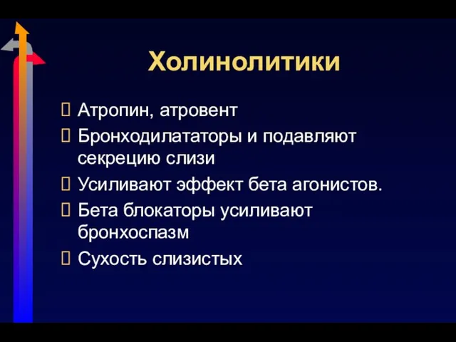 Холинолитики Атропин, атровент Бронходилататоры и подавляют секрецию слизи Усиливают эффект бета