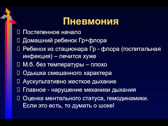 Пневмония Постепенное начало Домашний ребенок Гр+флора Ребенок из стационара Гр -