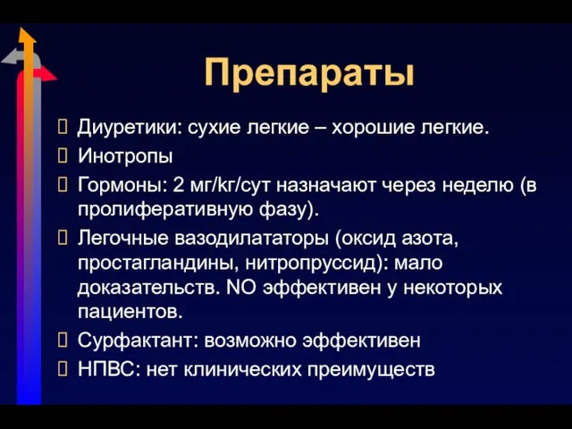 Препараты Диуретики: сухие легкие – хорошие легкие. Инотропы Гормоны: 2 мг/kг/сут