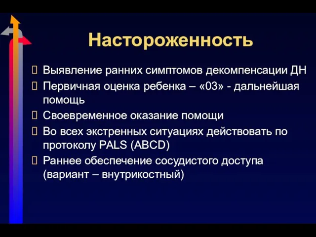 Настороженность Выявление ранних симптомов декомпенсации ДН Первичная оценка ребенка – «03»