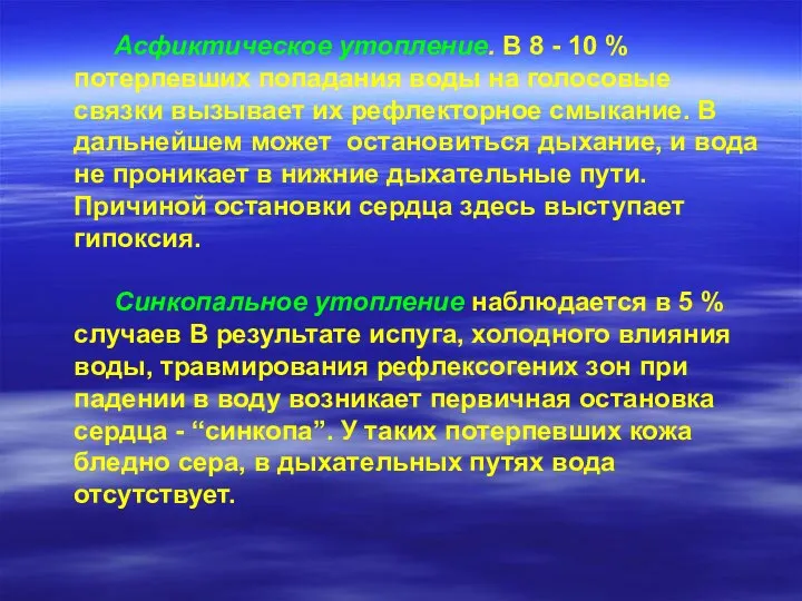 Асфиктическое утопление. В 8 - 10 % потерпевших попадания воды на