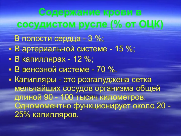 Содержание крови в сосудистом русле (% от ОЦК) В полости сердца