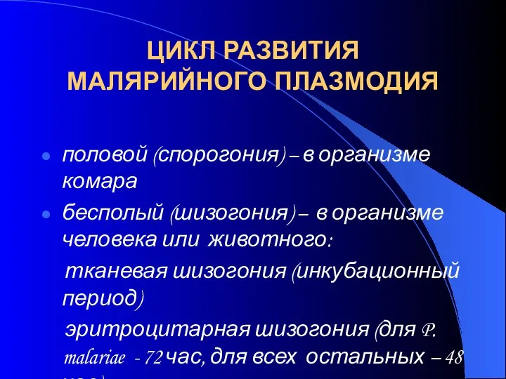 ЦИКЛ РАЗВИТИЯ МАЛЯРИЙНОГО ПЛАЗМОДИЯ половой (спорогония) – в организме комара бесполый