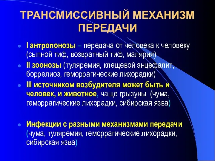 ТРАНСМИССИВНЫЙ МЕХАНИЗМ ПЕРЕДАЧИ І антропонозы – передача от человека к человеку