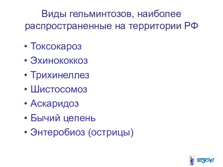 Виды гельминтозов, наиболее распространенные на территории РФ Токсокароз Эхинококкоз Трихинеллез Шистосомоз Аскаридоз Бычий цепень Энтеробиоз (острицы)