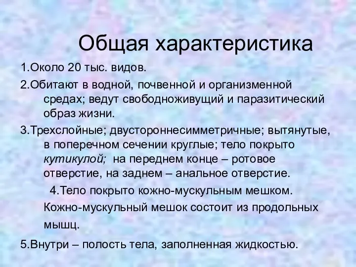 Общая характеристика 1.Около 20 тыс. видов. 2.Обитают в водной, почвенной и