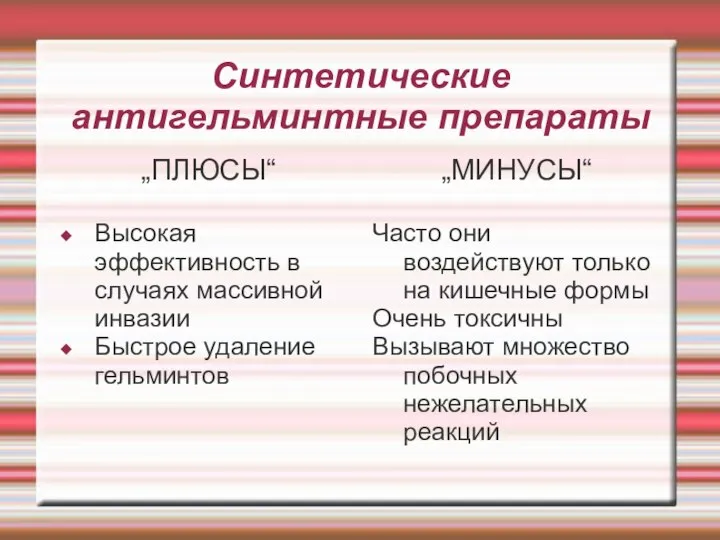 Синтетические антигельминтные препараты „ПЛЮСЫ“ Высокая эффективность в случаях массивной инвазии Быстрое