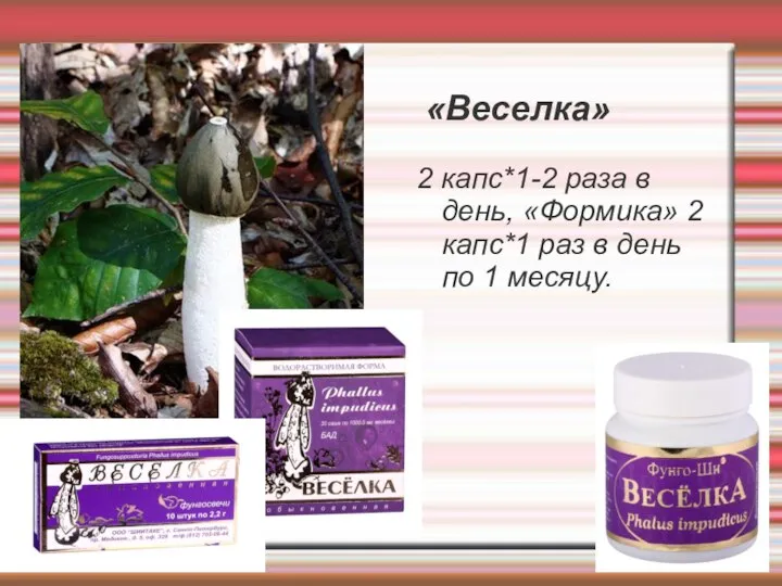 «Веселка» 2 капс*1-2 раза в день, «Формика» 2 капс*1 раз в день по 1 месяцу.