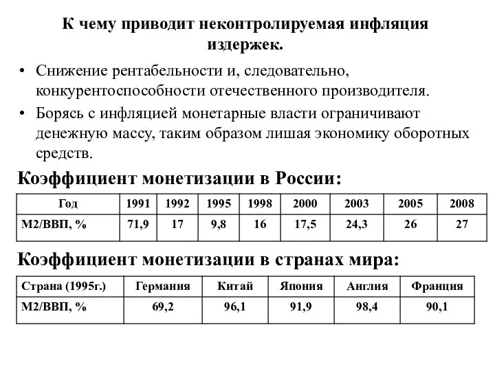 К чему приводит неконтролируемая инфляция издержек. Снижение рентабельности и, следовательно, конкурентоспособности