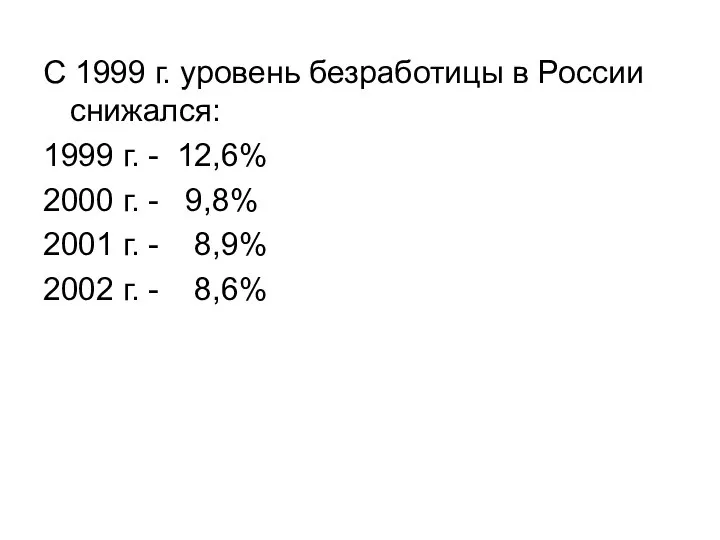 С 1999 г. уровень безработицы в России снижался: 1999 г. -