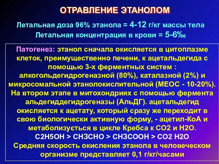 ОТРАВЛЕНИЕ ЭТАНОЛОМ Летальная доза 96% этанола = 4-12 г/кг массы тела