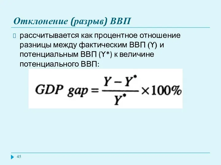 Отклонение (разрыв) ВВП рассчитывается как процентное отношение разницы между фактическим ВВП