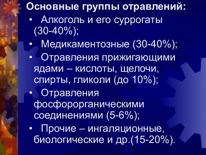 Основные группы отравлений: • Алкоголь и его суррогаты (30-40%); • Медикаментозные