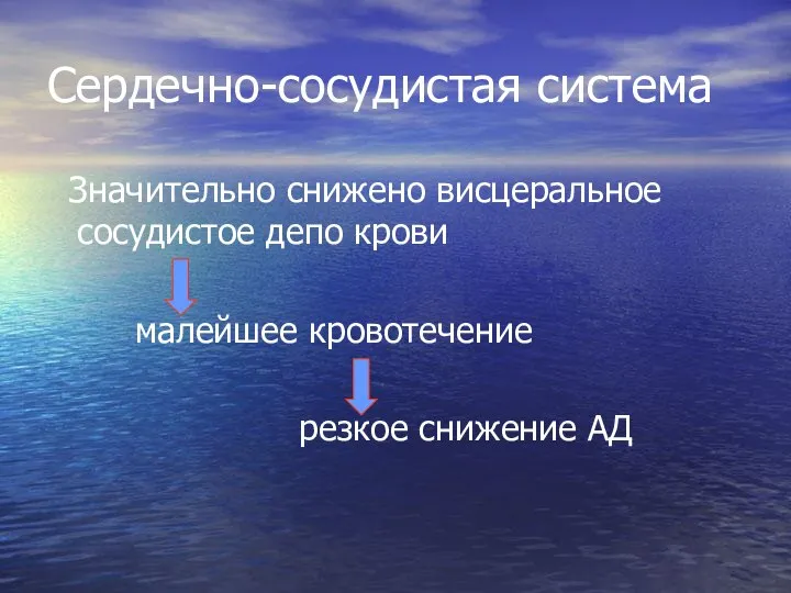 Сердечно-сосудистая система Значительно снижено висцеральное сосудистое депо крови малейшее кровотечение резкое снижение АД