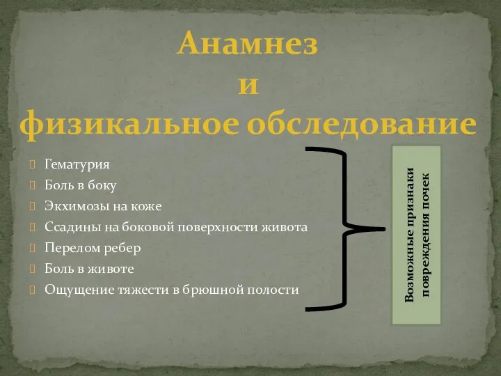 Гематурия Боль в боку Экхимозы на коже Ссадины на боковой поверхности