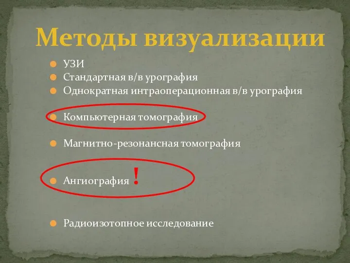 УЗИ Стандартная в/в урография Однократная интраоперационная в/в урография Компьютерная томография Магнитно-резонансная