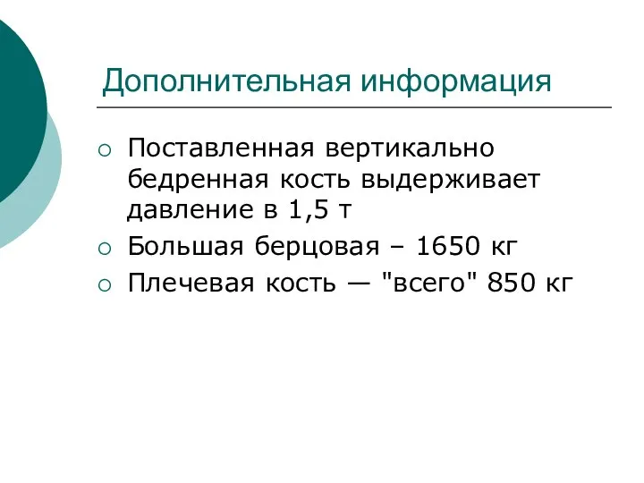 Дополнительная информация Поставленная вертикально бедренная кость выдерживает давление в 1,5 т